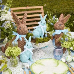 Mrs. Alice Rattan Tableware|Blue & Brown Rattan Rabbit Family