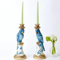 Mrs. Alice Candle Holders|Blue & White Parrot Candle Holder (Pair)