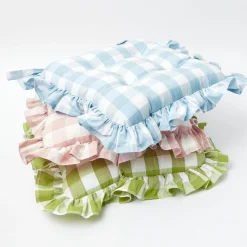 Mrs. Alice Cushions|Blue Gingham Ruffle Seat Pad Cushion (Set Of 4)