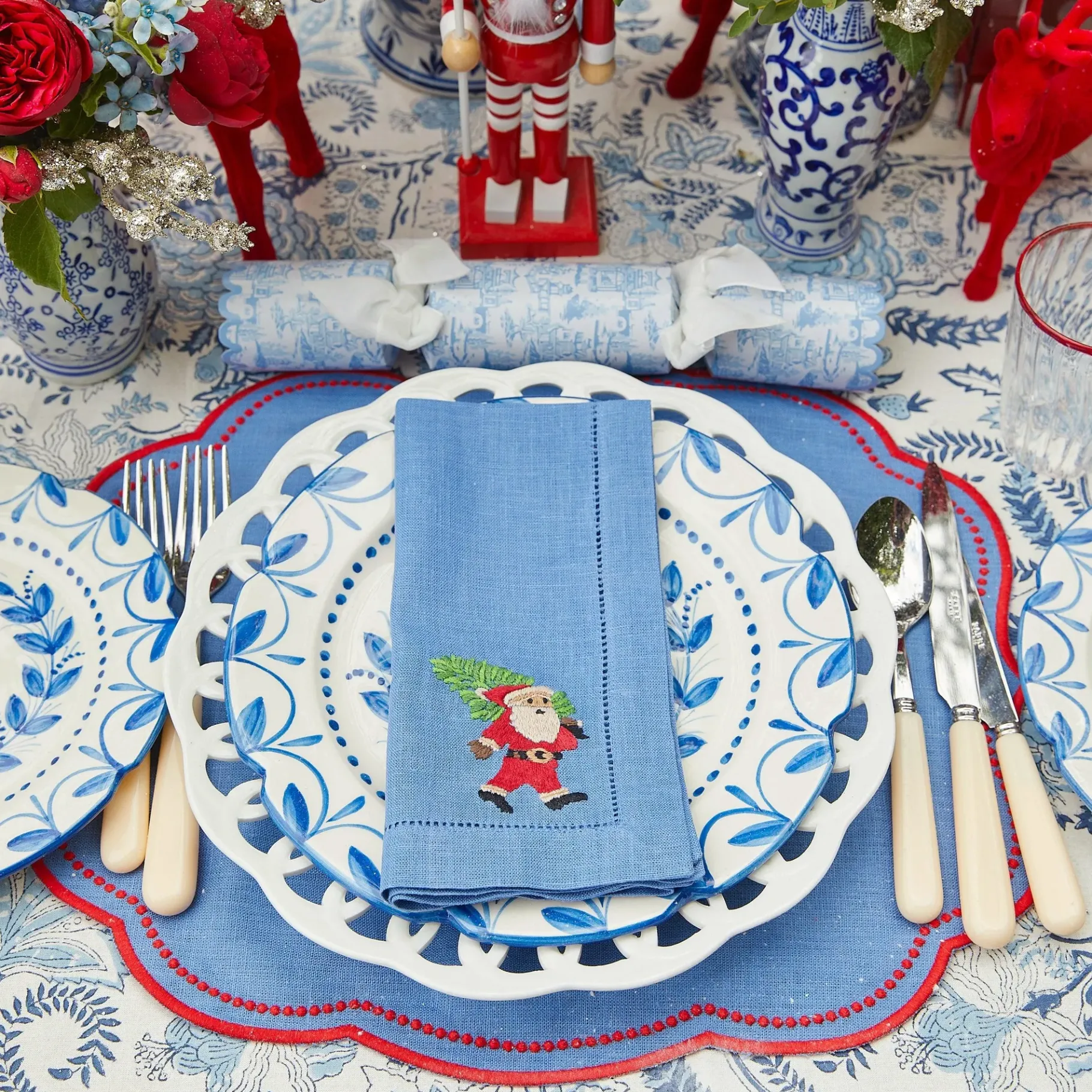 Mrs. Alice Napkins|Blue Hand Embroidered Father Christmas Napkins (Set Of 4)