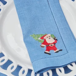 Mrs. Alice Napkins|Blue Hand Embroidered Father Christmas Napkins (Set Of 4)