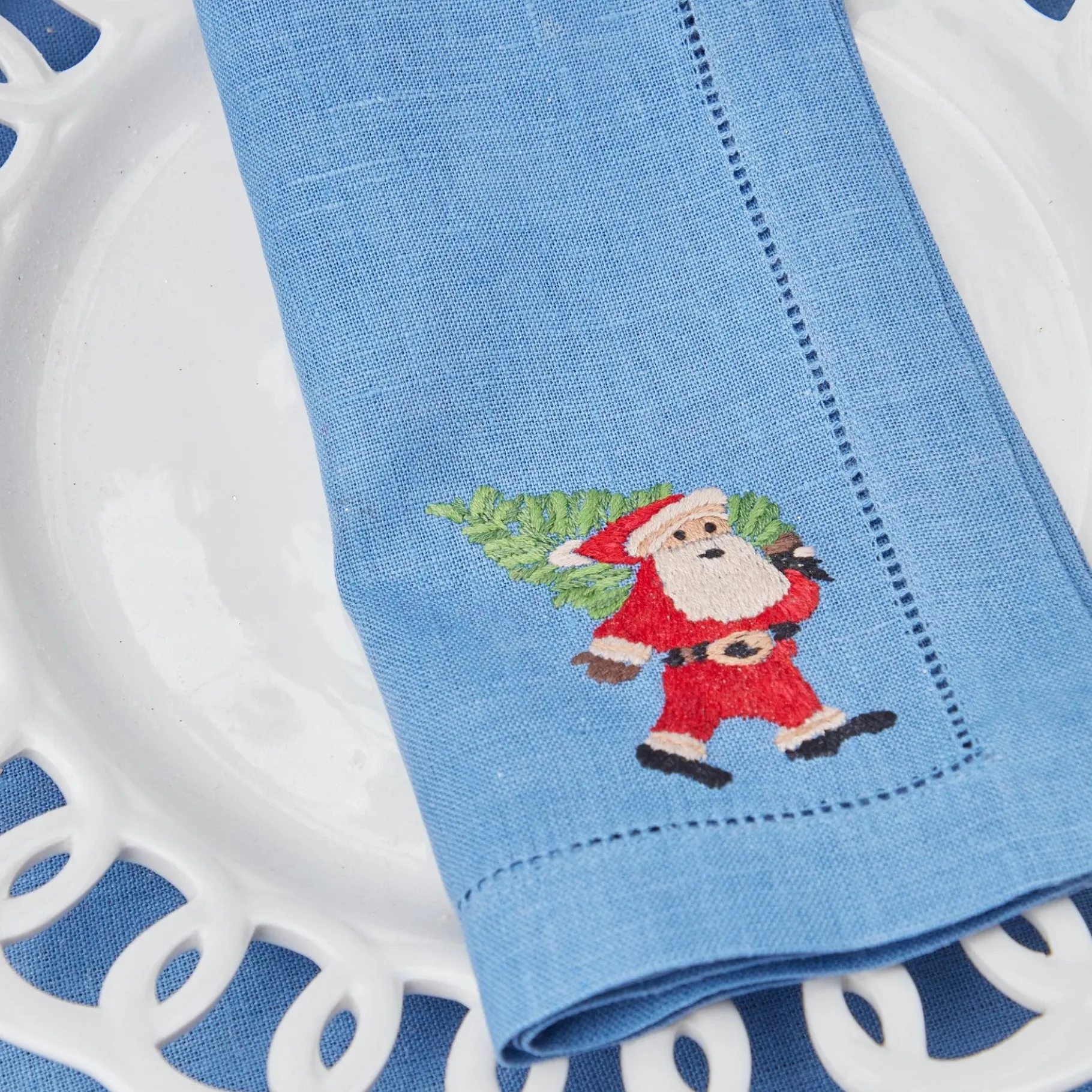 Mrs. Alice Napkins|Blue Hand Embroidered Father Christmas Napkins (Set Of 4)
