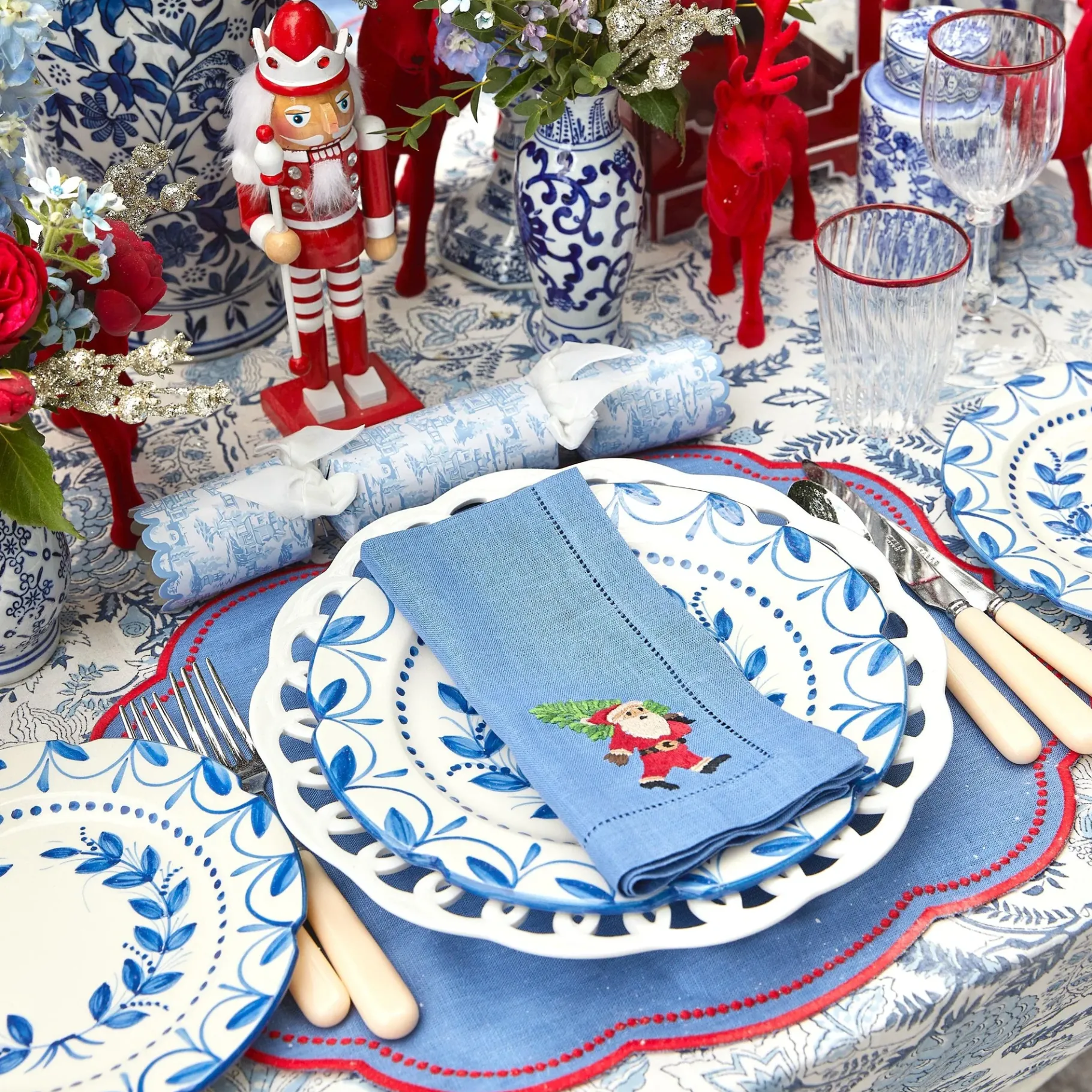 Mrs. Alice Napkins|Blue Hand Embroidered Father Christmas Napkins (Set Of 4)