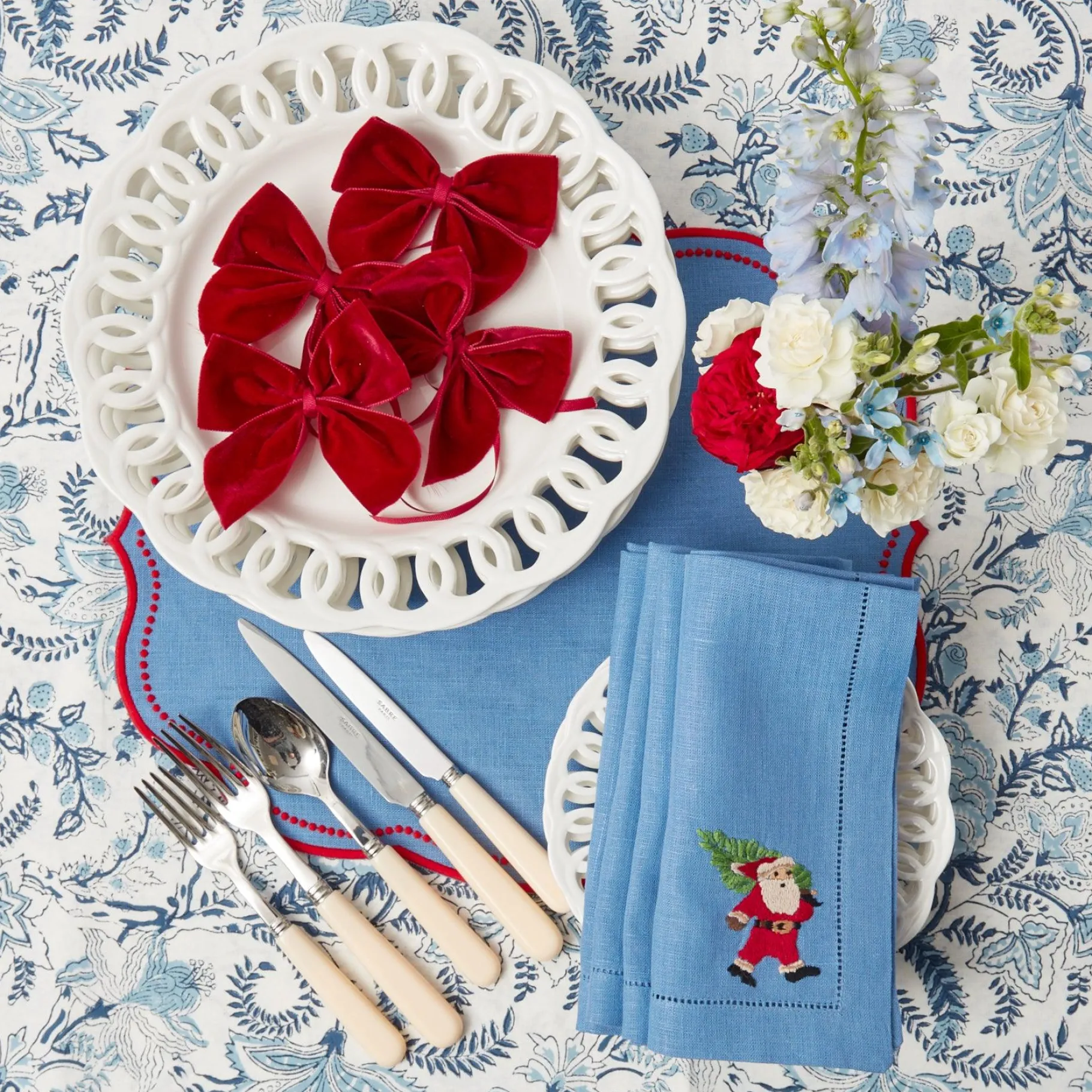 Mrs. Alice Napkins|Blue Hand Embroidered Father Christmas Napkins (Set Of 4)
