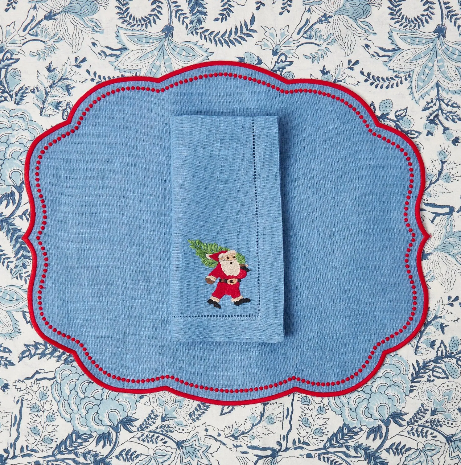 Mrs. Alice Napkins|Blue Hand Embroidered Father Christmas Napkins (Set Of 4)
