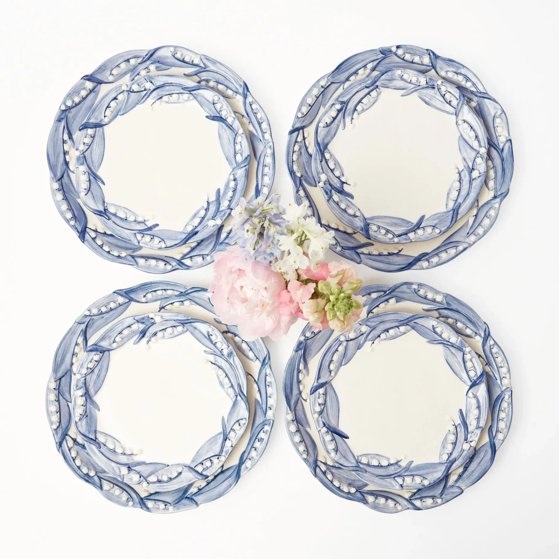 Mrs. Alice Crockery Sets|Blue Lily Of The Valley Dinner & Starter Plates (Set Of 8)