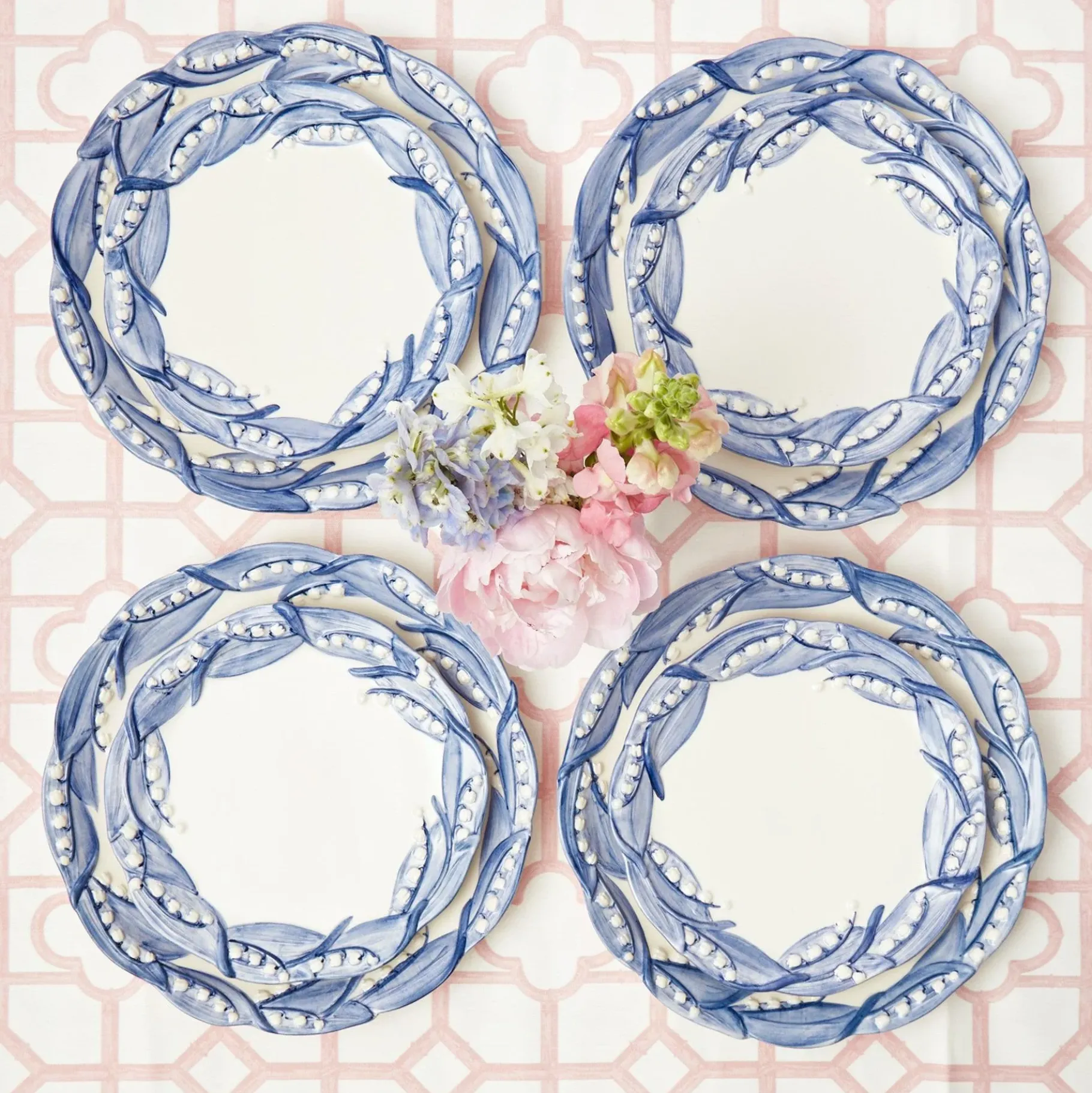 Mrs. Alice Crockery Sets|Blue Lily Of The Valley Dinner & Starter Plates (Set Of 8)