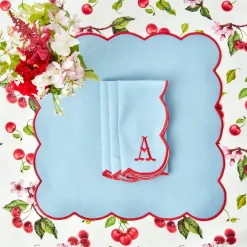 Mrs. Alice Table Linen Sets|Blue With Red Scallop Placemats & Napkins (Set Of 4)