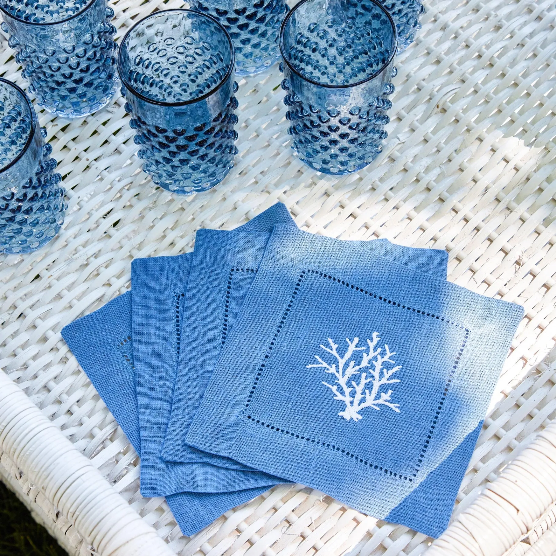 Mrs. Alice Napkins|Coral Blue Linen Cocktail Napkins (Set Of 4)