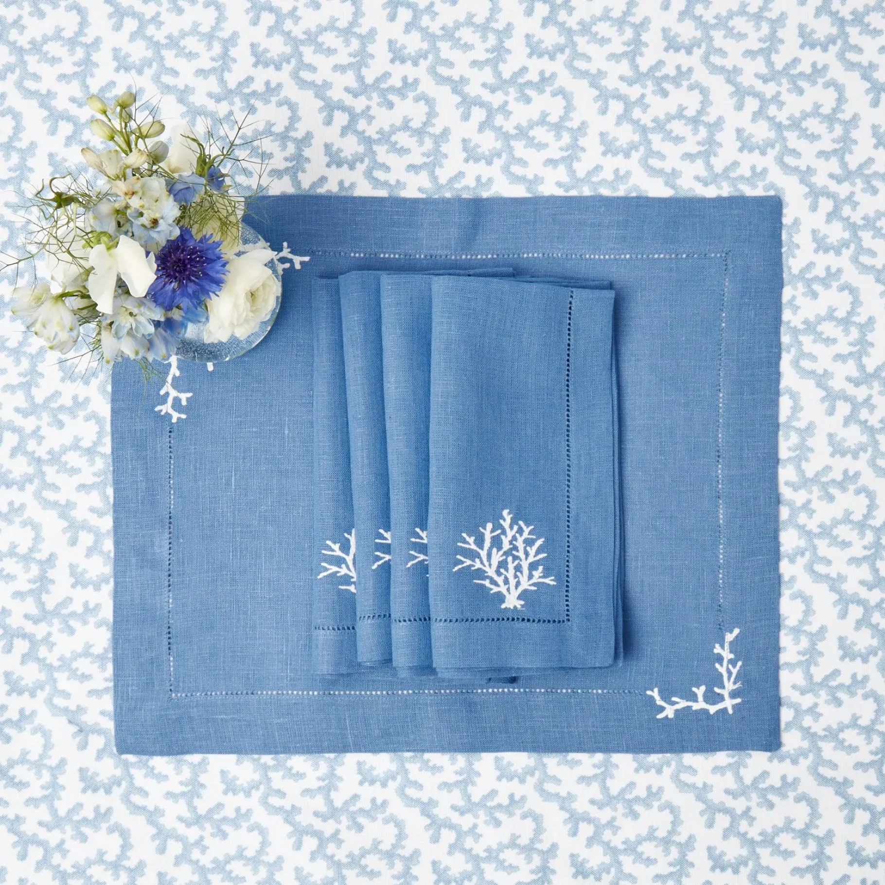 Mrs. Alice Napkins|Coral Blue Linen Napkins (Set Of 4)