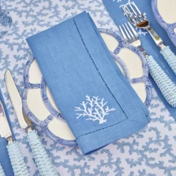 Mrs. Alice Table Linen Sets|Coral Blue Linen Placemats & Napkins (Set Of 4)