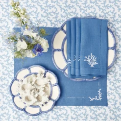 Mrs. Alice Table Linen Sets|Coral Blue Linen Placemats & Napkins (Set Of 4)