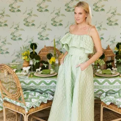 Mrs. Alice Cushions|Frilled Green Ikat Seat Pad Cushion