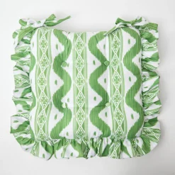 Mrs. Alice Cushions|Frilled Green Ikat Seat Pad Cushion (Set Of 4)