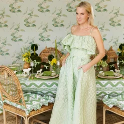 Mrs. Alice Cushions|Frilled Green Ikat Seat Pad Cushion (Set Of 4)