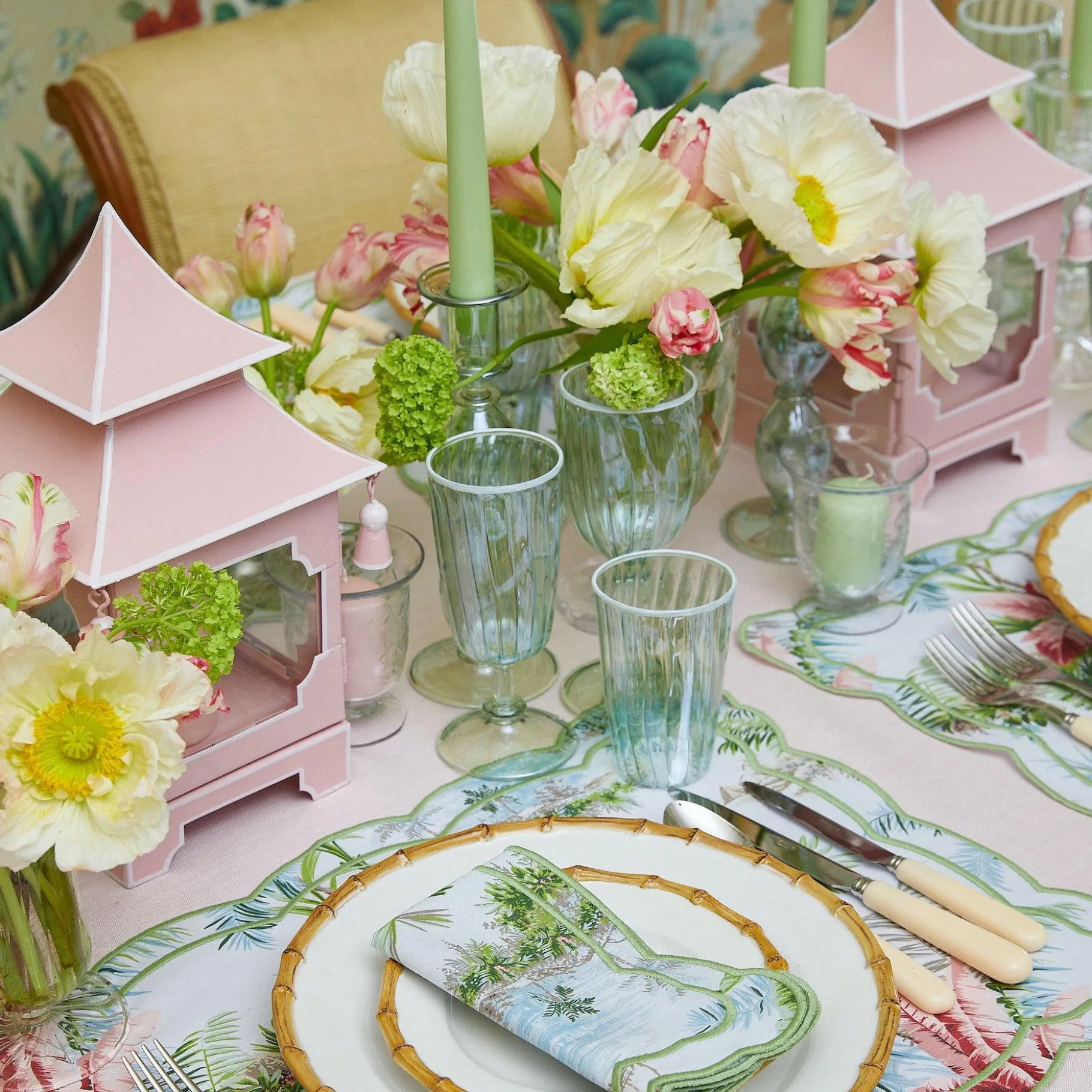 Mrs. Alice Glasses|Green & White Rim Water Glasses (Set Of 4)