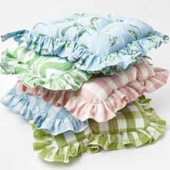 Mrs. Alice Cushions|Green Gingham Ruffle Seat Pad Cushions (Set Of 4)
