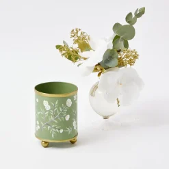 Mrs. Alice Candle Holders|Hand Painted Olive Floral Tole Candle Pot