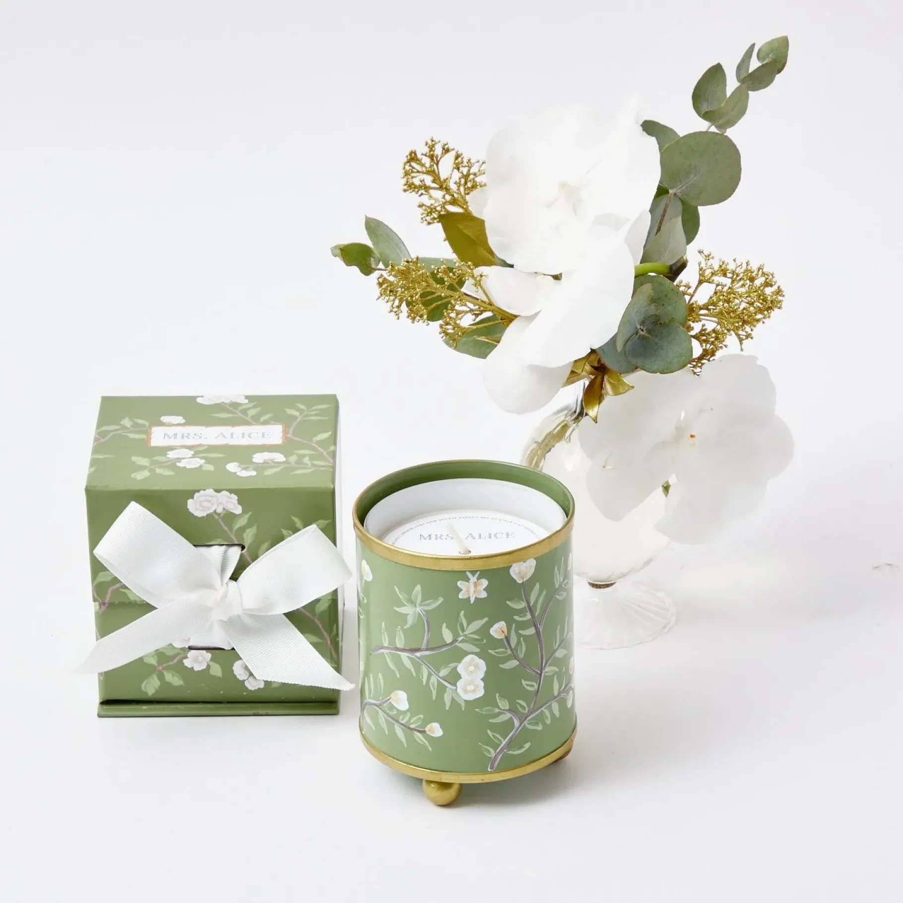 Mrs. Alice Candle Holders|Hand Painted Olive Floral Tole Candle Pot