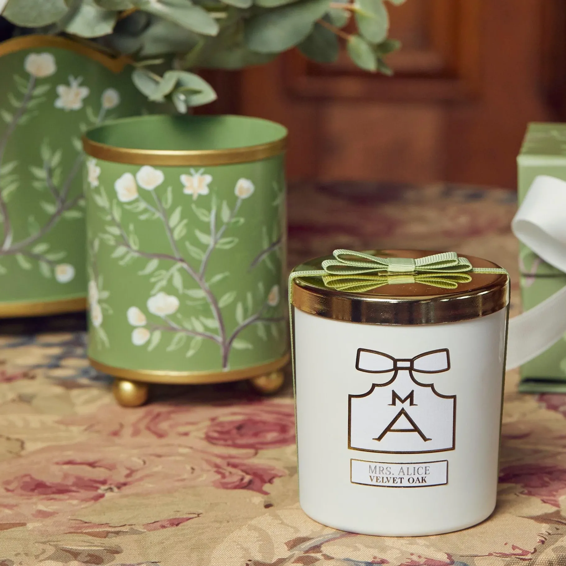 Mrs. Alice Candle Holders|Hand Painted Olive Floral Tole Candle Pot
