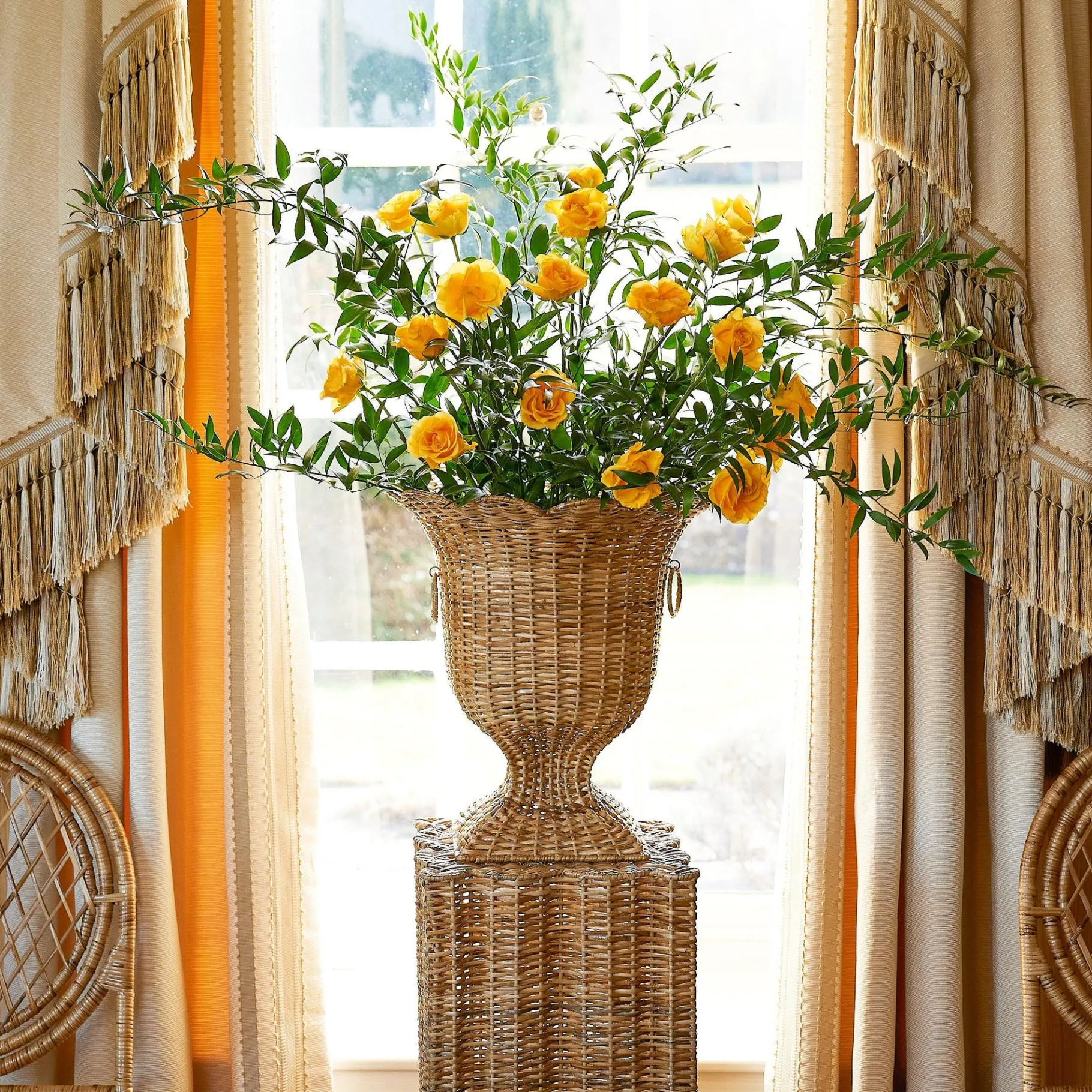 Mrs. Alice Rattan Furniture|Liliana Scalloped Rattan Pedestal And Urn