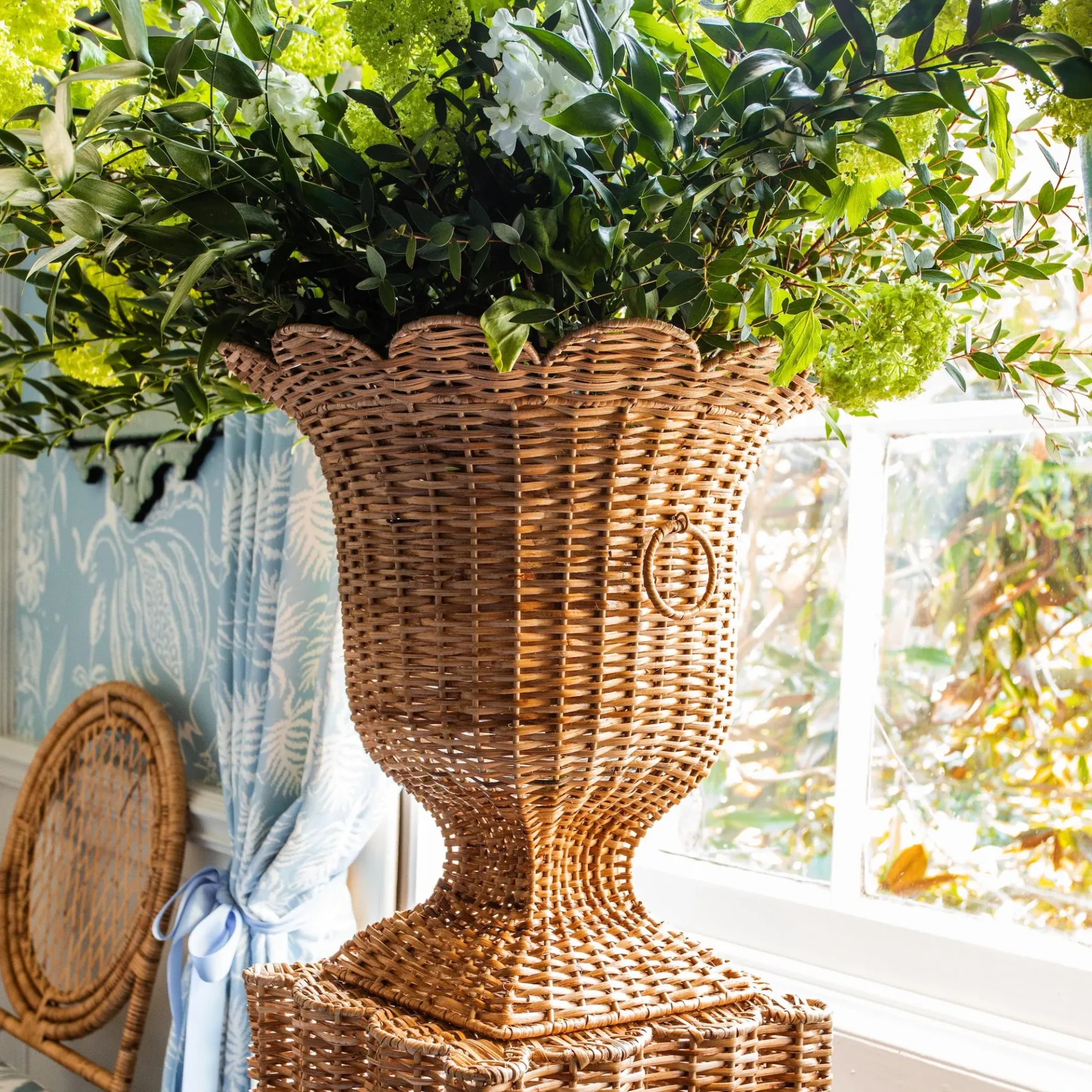 Mrs. Alice Rattan Furniture|Liliana Scalloped Rattan Pedestal And Urn