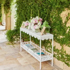 Mrs. Alice Rattan Furniture|Madeleine White Rattan Scalloped Console Table