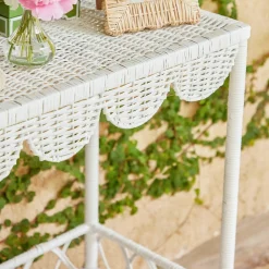 Mrs. Alice Tables|Madeleine White Rattan Scalloped Console Table