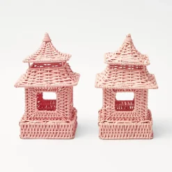 Mrs. Alice Rattan Tableware|Mini Pink Rattan Pagoda Lanterns (Pair)