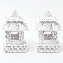 Mrs. Alice Rattan Tableware|Mini White Rattan Pagoda Lanterns (Pair)
