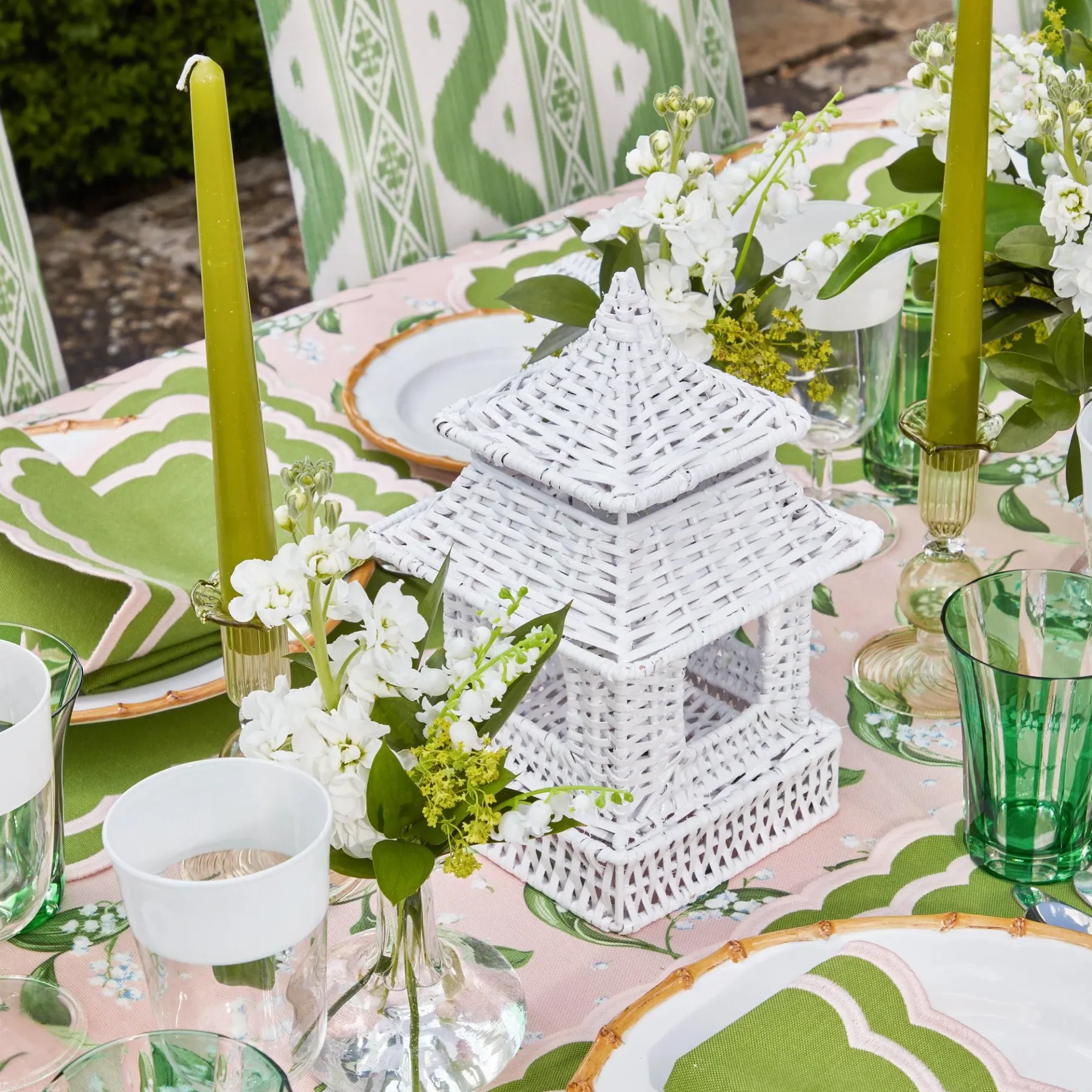 Mrs. Alice Rattan Tableware|Mini White Rattan Pagoda Lanterns (Pair)