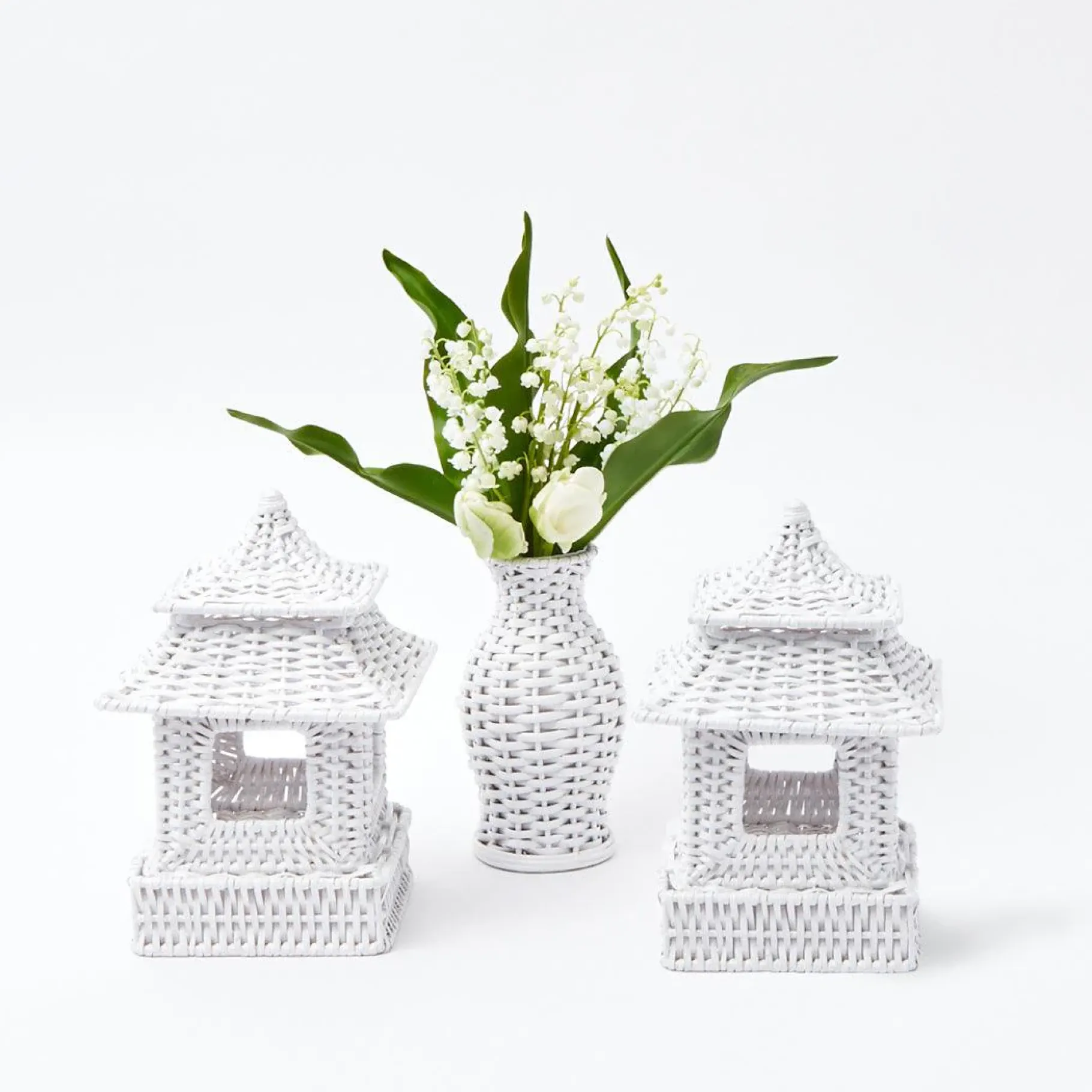 Mrs. Alice Rattan Tableware|Mini White Rattan Pagoda Lanterns (Pair)