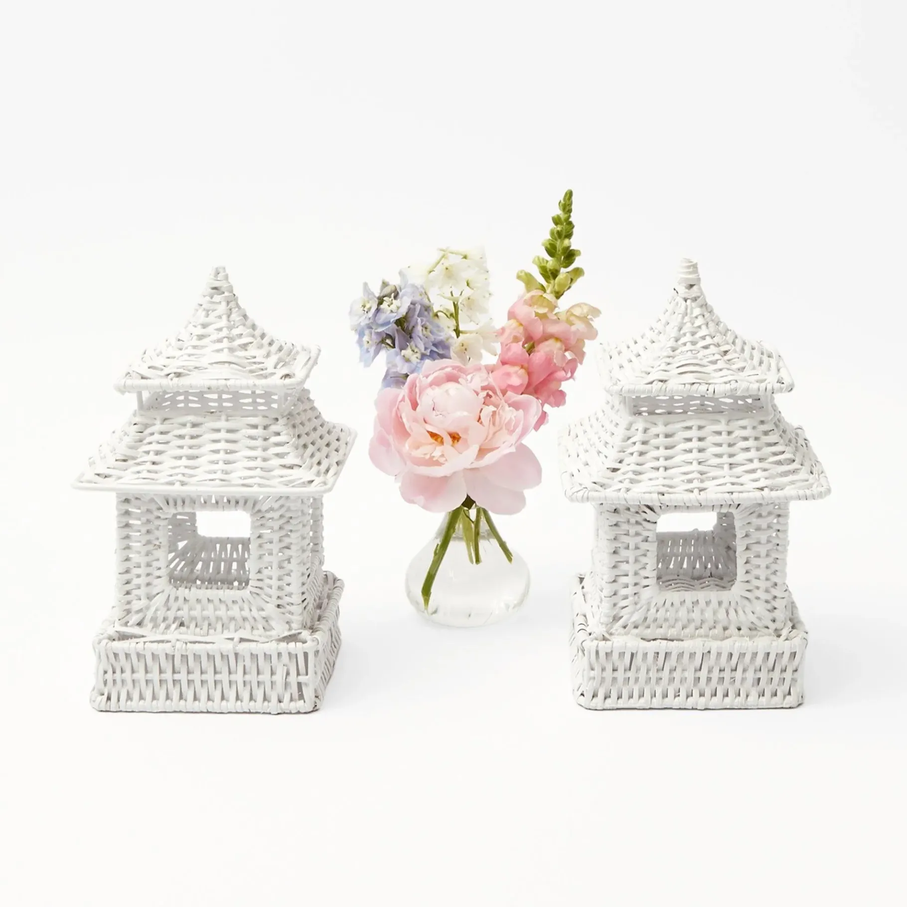 Mrs. Alice Rattan Tableware|Mini White Rattan Pagoda Lanterns (Pair)