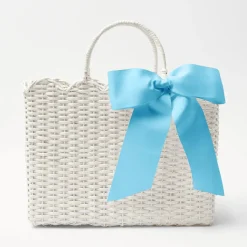 Mrs. Alice Rattan Tableware|White Rattan Tote Bag (Blue Bow)