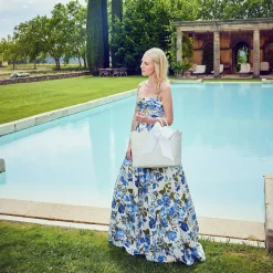 Mrs. Alice Rattan Tableware|White Rattan Tote Bag (Blue Bow)