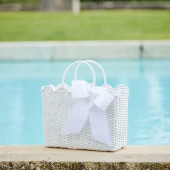 Mrs. Alice Rattan Tableware|White Rattan Tote Bag (Blue Bow)