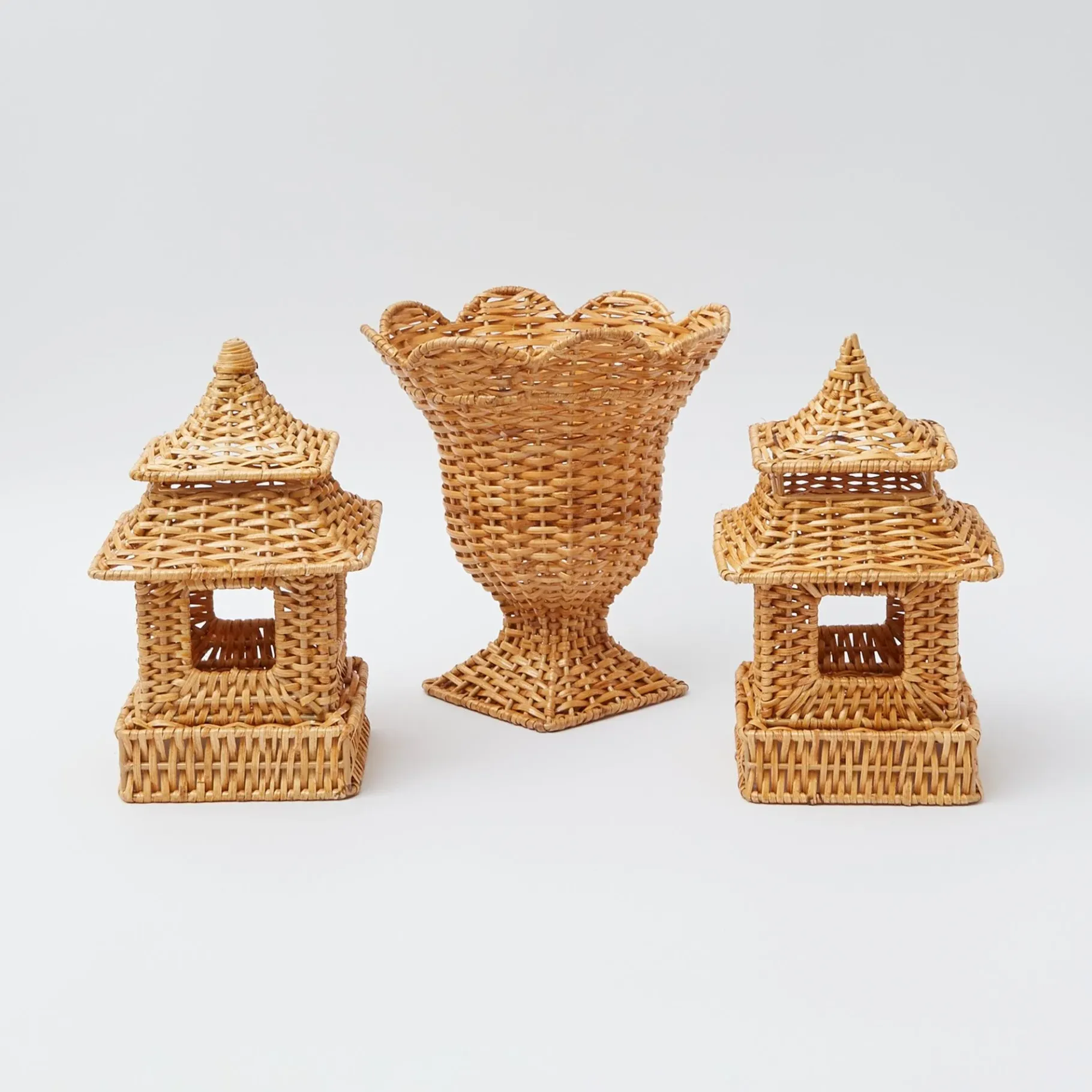 Mrs. Alice Rattan Tableware|Natural Rattan Pagoda & Urn Vase Set