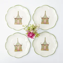 Mrs. Alice Crockery Sets|Pink & Green Pagoda Dinner Plate (Set Of 4)
