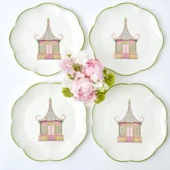 Mrs. Alice Crockery Sets|Pink & Green Pagoda Dinner Plate (Set Of 4)