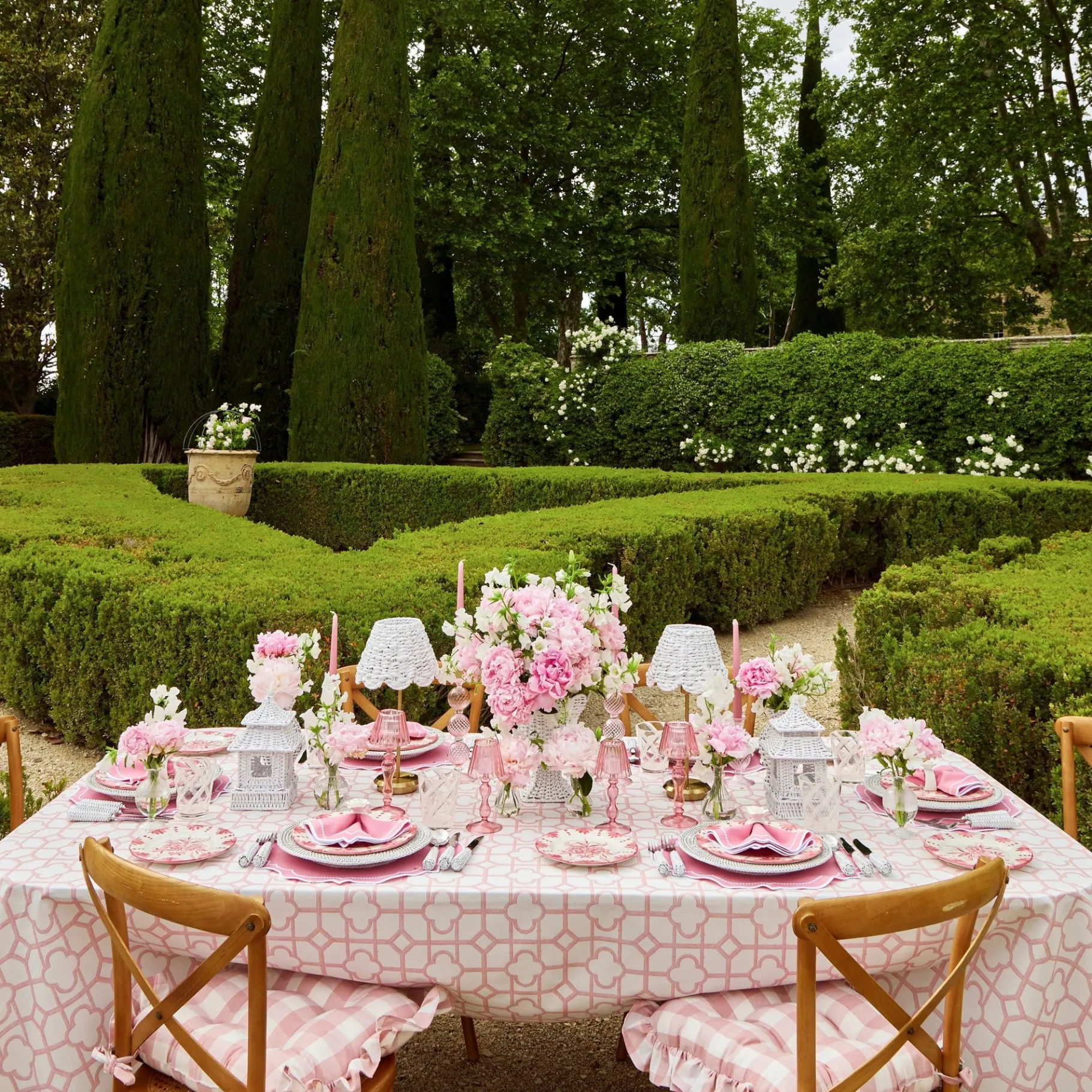 Mrs. Alice Cushions|Pink Gingham Ruffle Seat Pad Cushion (Set Of 4)