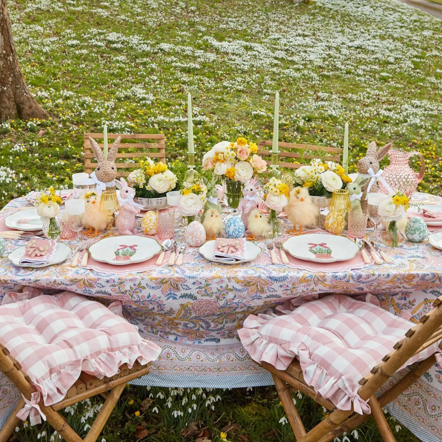 Mrs. Alice Cushions|Pink Gingham Ruffle Seat Pad Cushion (Set Of 4)