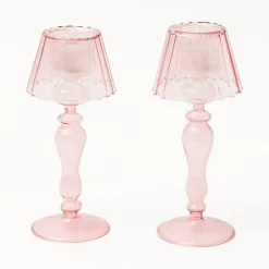 Mrs. Alice Candle Holders|Pink Glass Lantern Tea Light Holder (Pair) - 24Cm