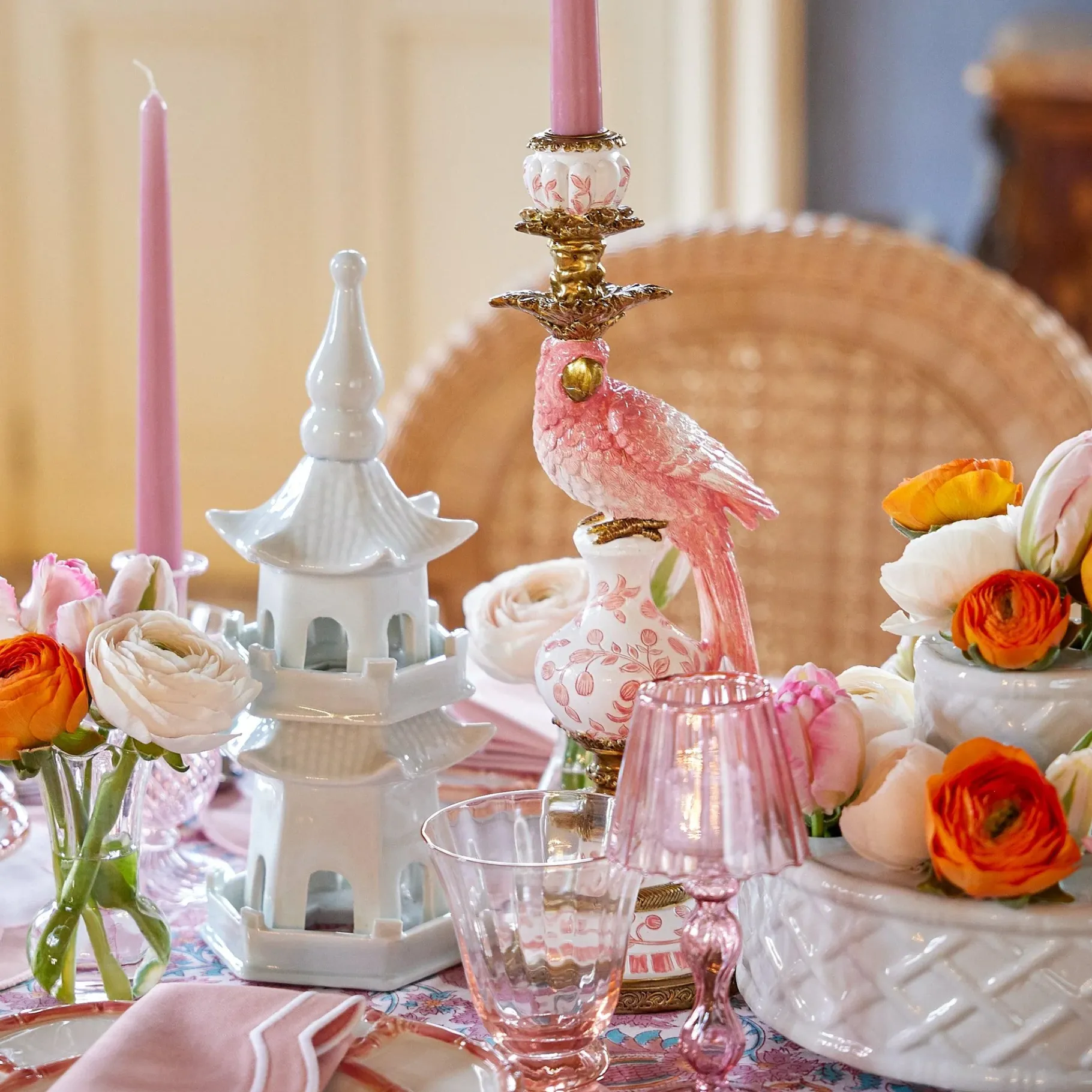 Mrs. Alice Candle Holders|Pink Parrot Candlescape
