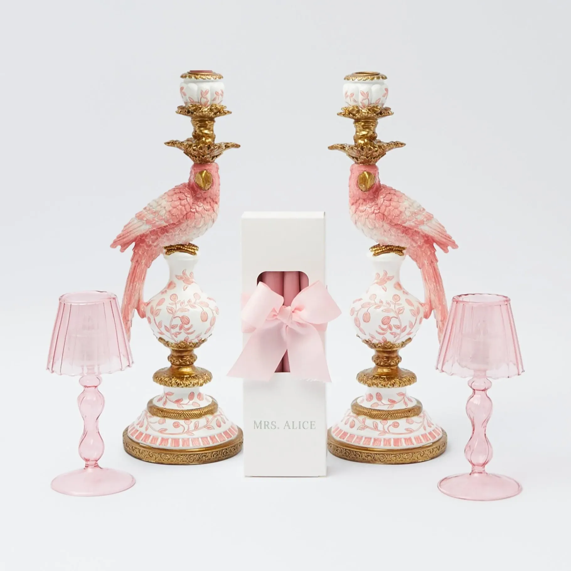 Mrs. Alice Candle Holders|Pink Parrot Candlescape