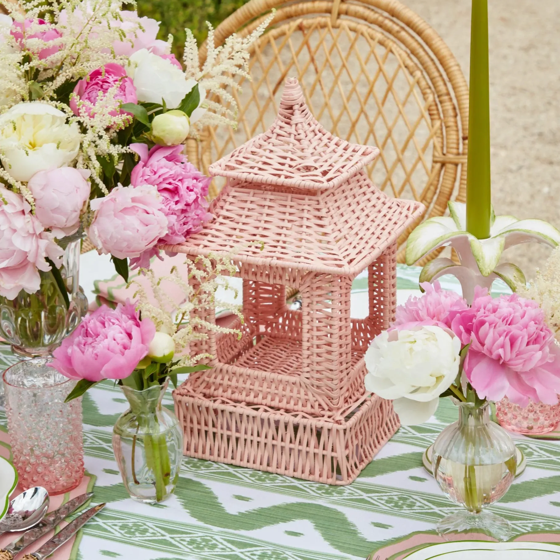 Mrs. Alice Candle Holders|Pink Rattan Pagoda Lantern Set