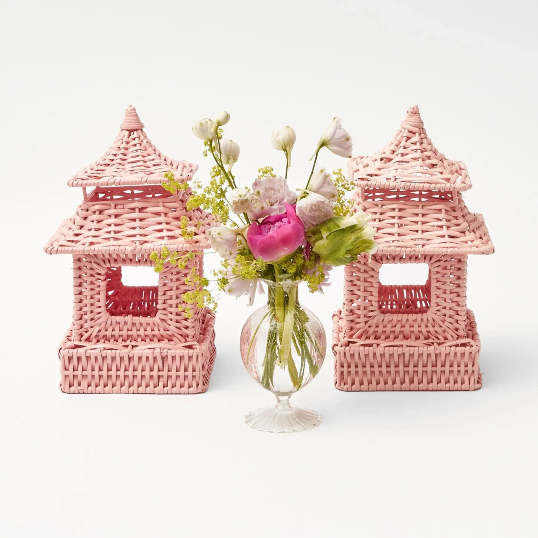 Mrs. Alice Candle Holders|Pink Rattan Pagoda Lantern Set