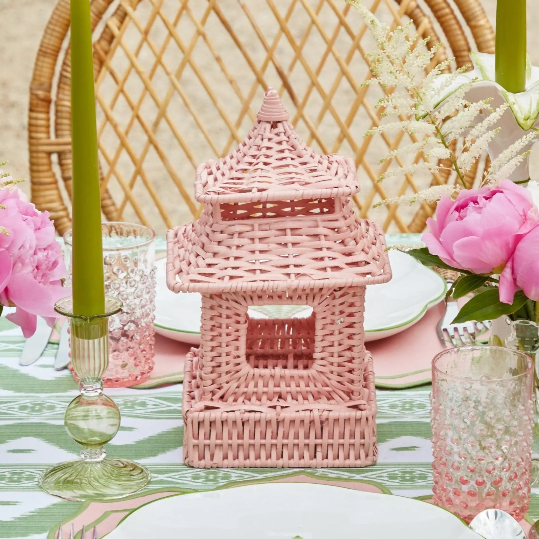 Mrs. Alice Rattan Tableware|Pink Rattan Pagoda Lantern Set