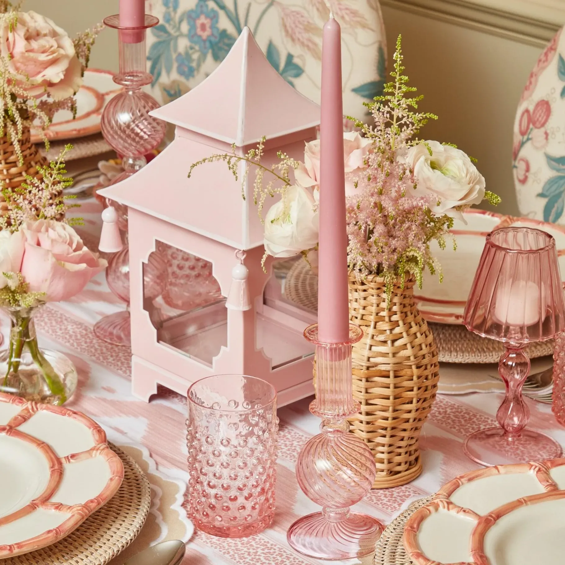 Mrs. Alice Candle Holders|Powder Pink Pagoda Lantern