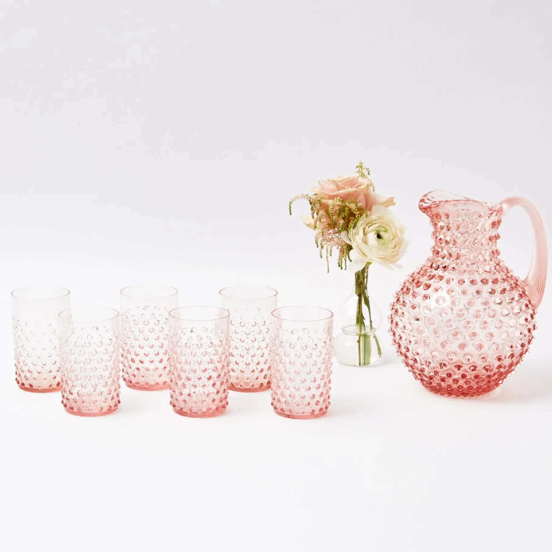 Mrs. Alice Jugs|Rose Pink Hobnail Water Glasses & Jug Set
