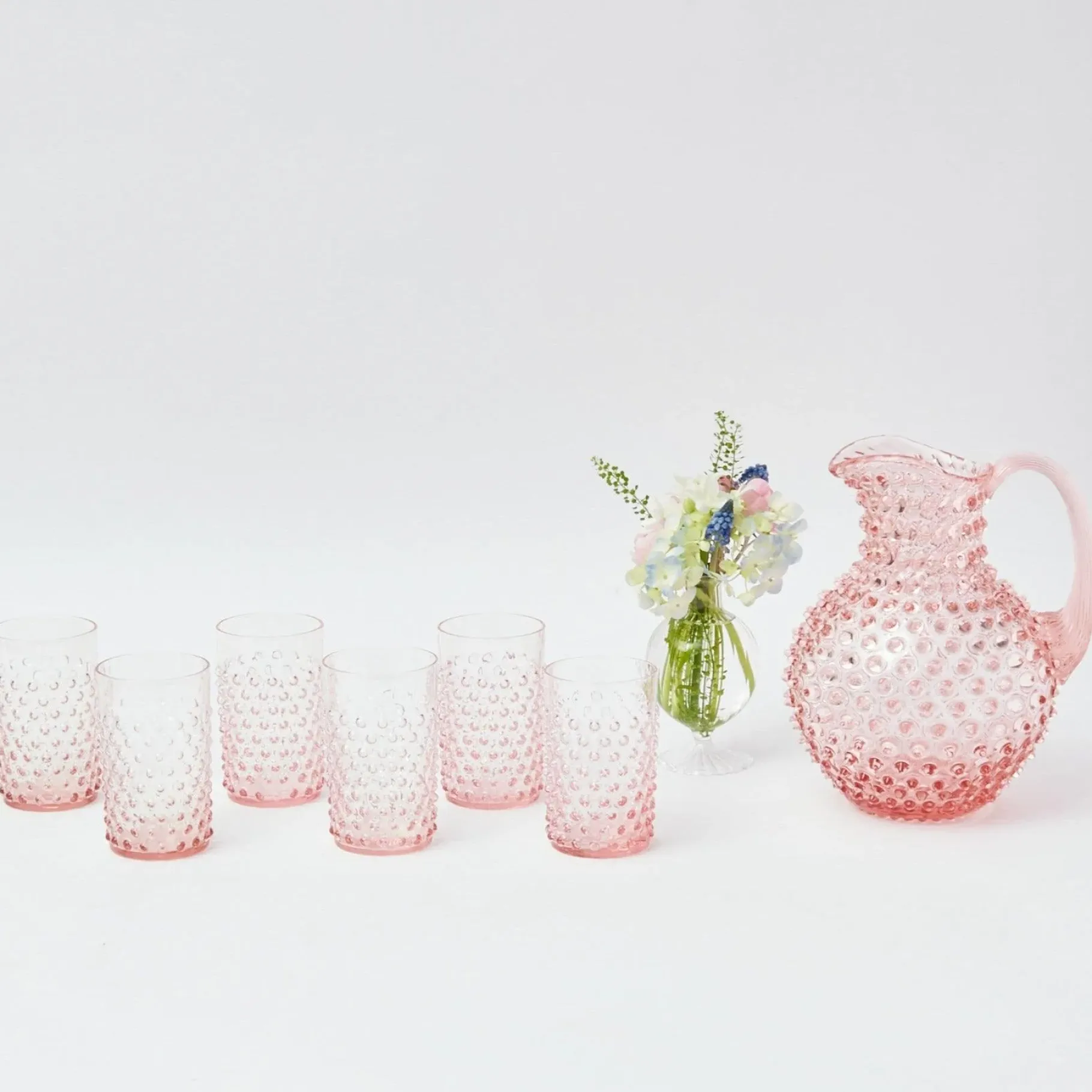Mrs. Alice Glassware Sets|Rose Pink Hobnail Water Glasses & Jug Set